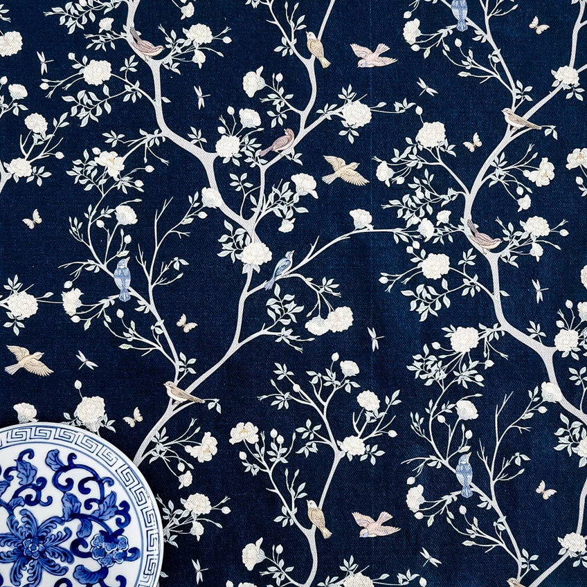 Camellia Garden White Fabric - Navy